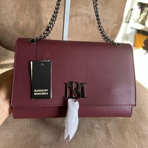 Badgley Mischka Metal Fringe Wine Color Crossbody Bag w/ Chain Strap, New w/ Tag